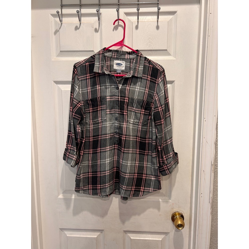 Old Navy Womens Gray Pink Plaid Flannel Long Sleeve Button Down Shirt Large